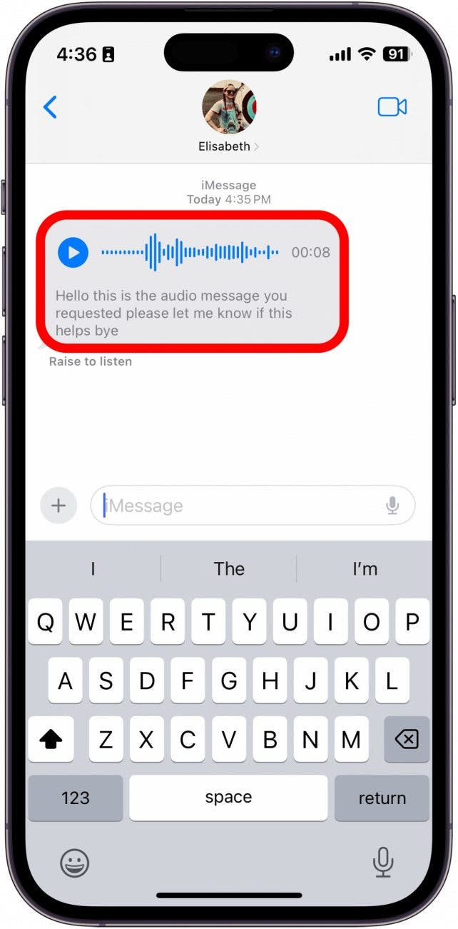 Audio-Nachricht der iPhone-Nachrichten-App mit Transkript unten