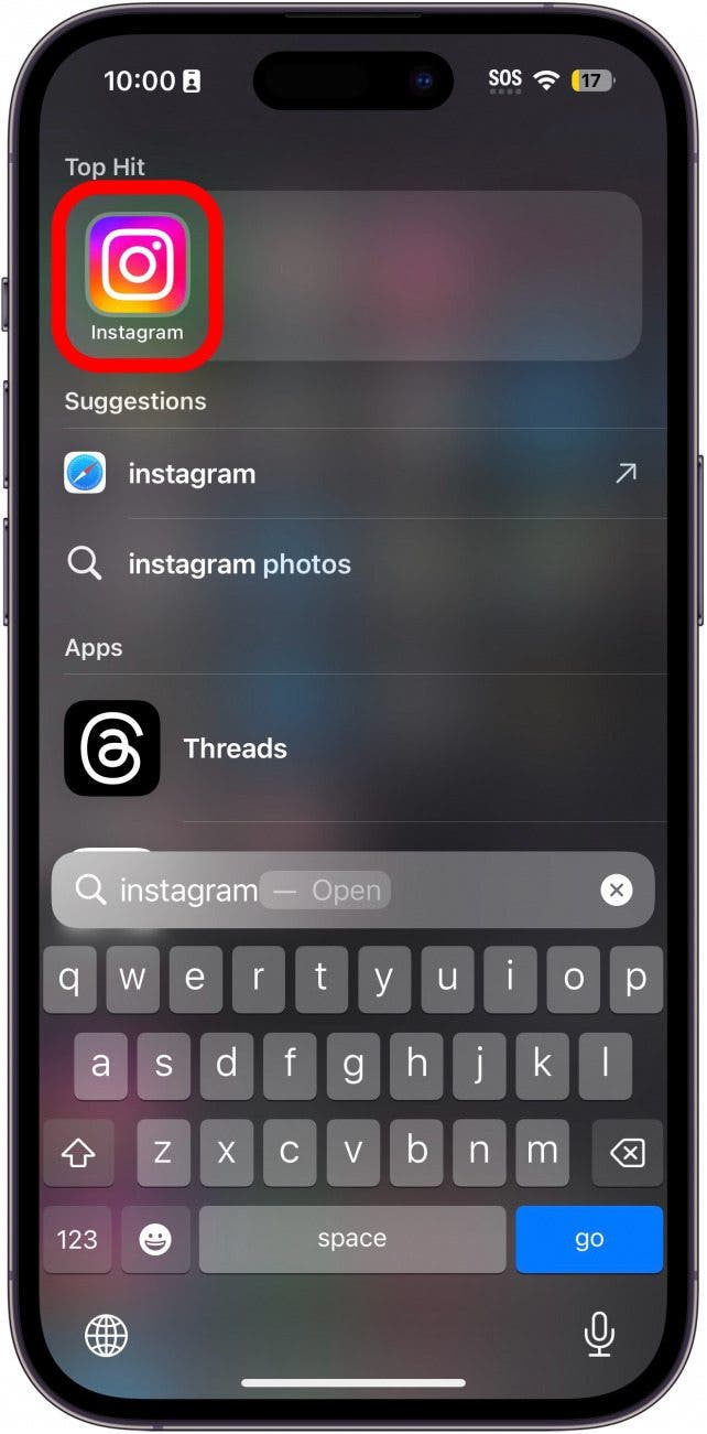 iPhone-Spotlight-Suche mit rot eingekreister Instagram-App