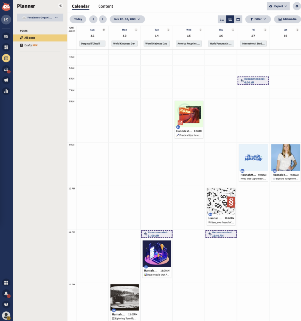 Themelocal Planner-Kalender mit wöchentlicher Ansicht geplanter Social-Media-Beiträge