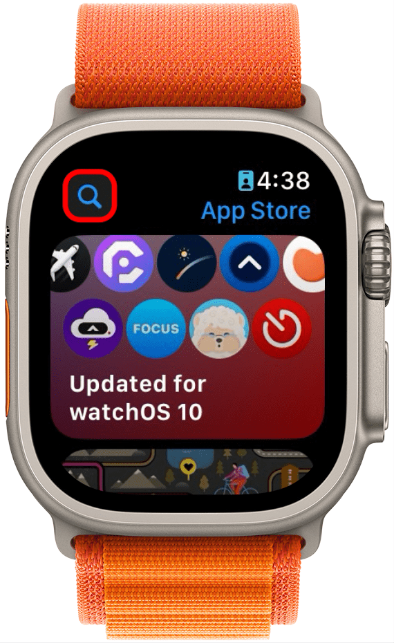 Apple Watch App Store mit rot eingekreistem Suchsymbol