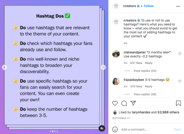 Hashtag-Dos-Liste für das Instagram Creators-Konto