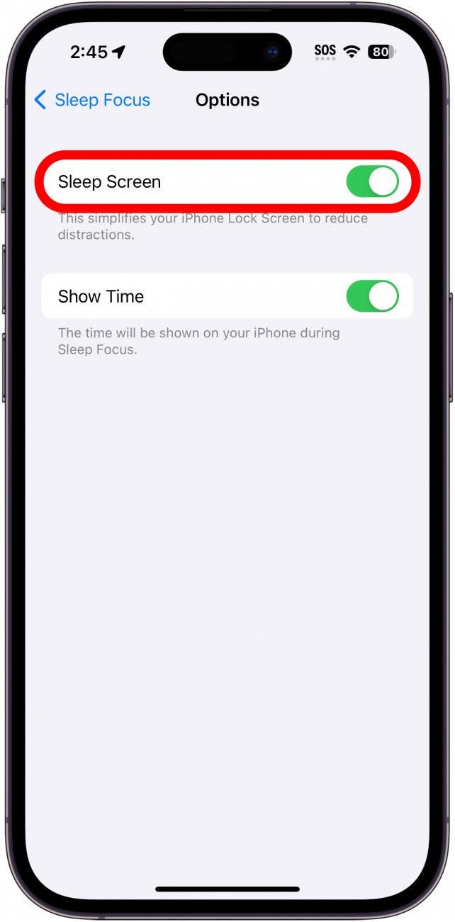 iPhone-Bildschirmoptionen mit rot eingekreister Umschaltung des Schlafbildschirms