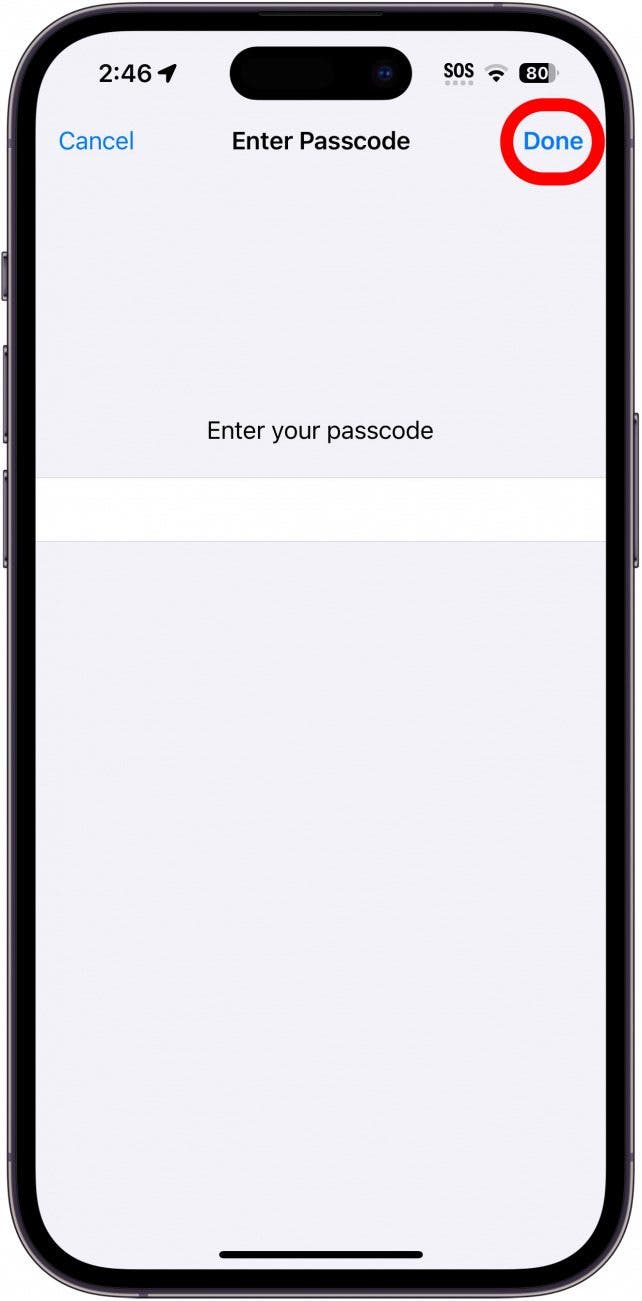 Passcode-Bildschirm für das Zurücksetzen aller Einstellungen auf dem iPhone mit rot eingekreister Schaltfläche „Fertig“.