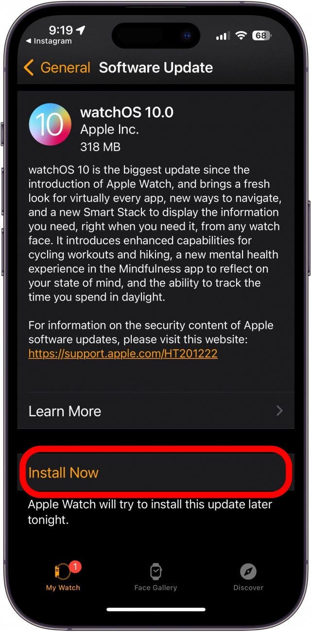 Tippen Sie auf „Jetzt installieren“, um das WatchOS-Update zu installieren