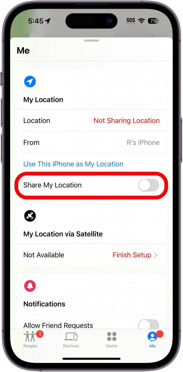 iPhone findet meine App mit deaktiviertem, rot eingekreistem Schalter zum Teilen des Standorts