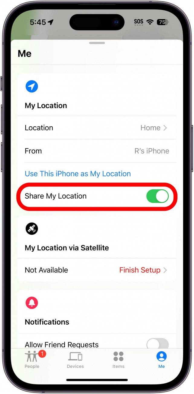 iPhone findet meine App mit aktivem, rot eingekreistem Freigabe-Standort-Schalter