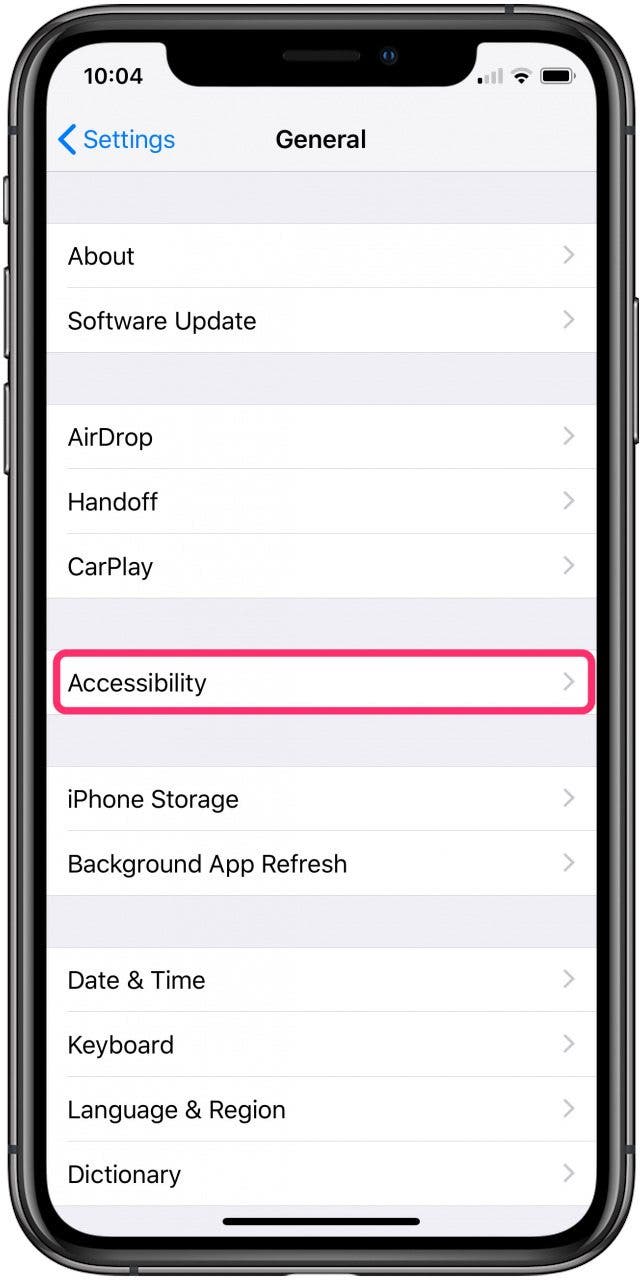 Ein Bild des iPhone-Bildschirms „Allgemeine Einstellungen“ mit eingekreister Kategorie „Barrierefreiheit“.