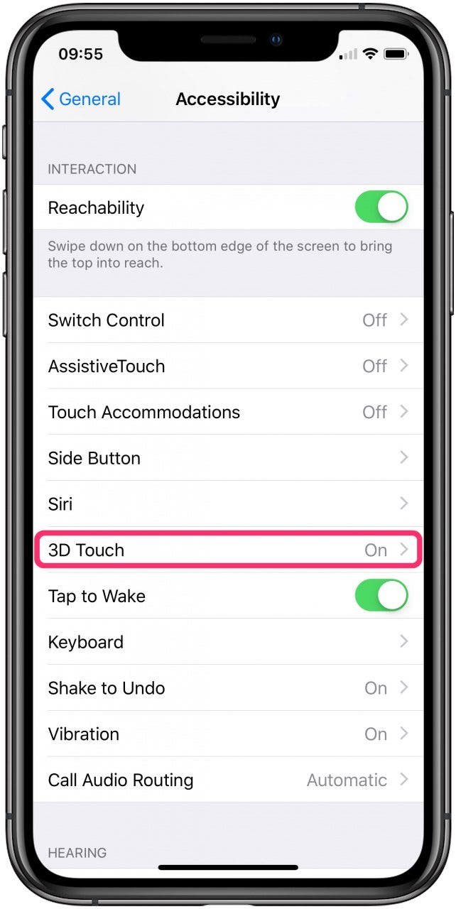 Ein Bild des iPhone-Bildschirms „Eingabehilfen“ mit eingekreister Kategorie „3D Touch“.