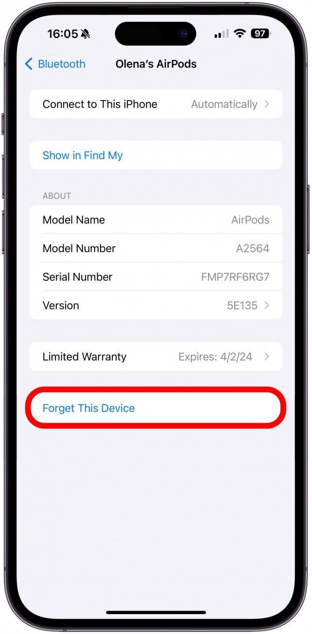 Vergessen Sie zunächst die AirPods in den Bluetooth-Einstellungen Ihres iPhones.