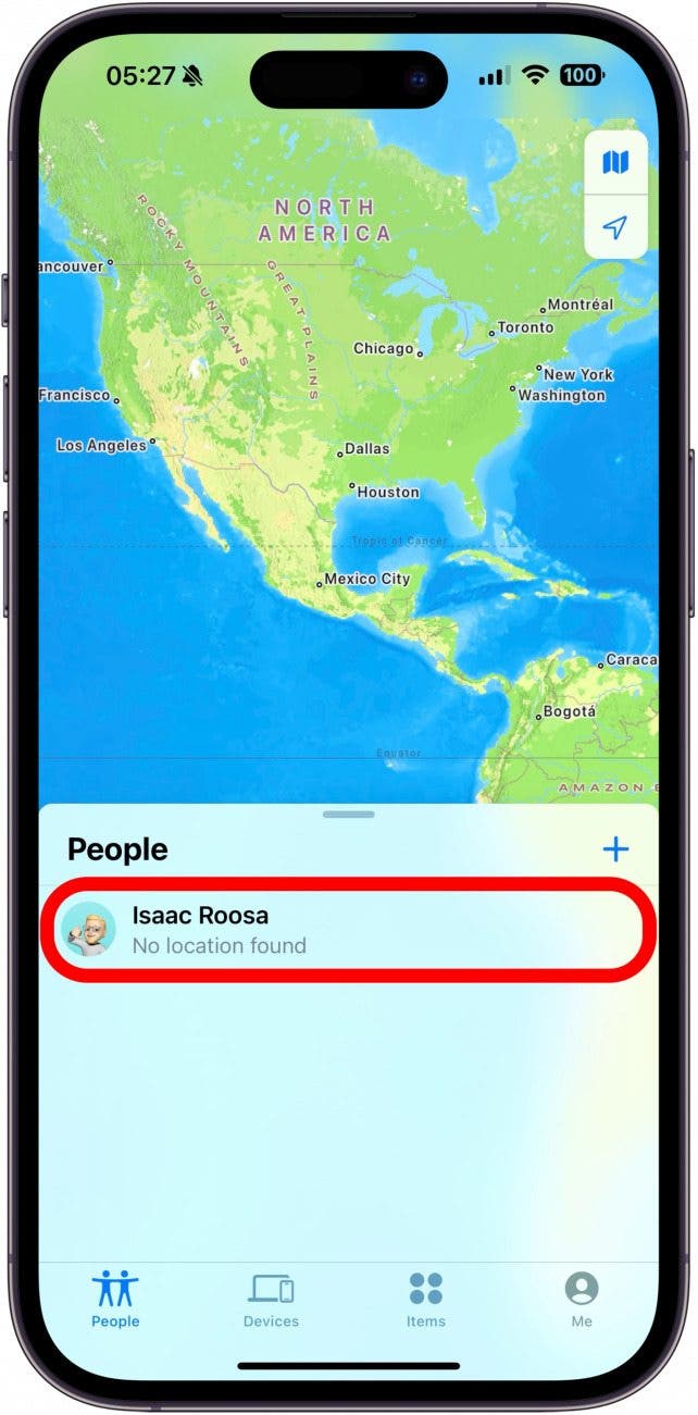 iPhone: Registerkarte „Personen“ in meiner App mit rot eingekreister Person