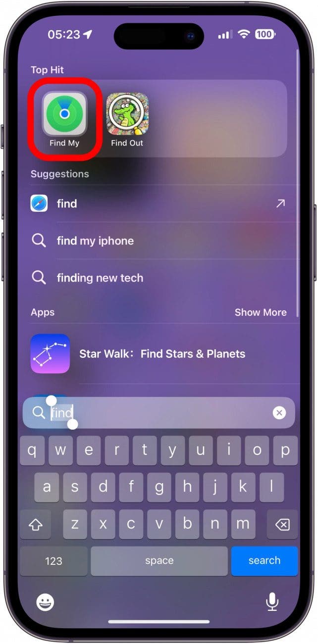 iPhone-Spotlight-Suche mit rot eingekreister Find My App