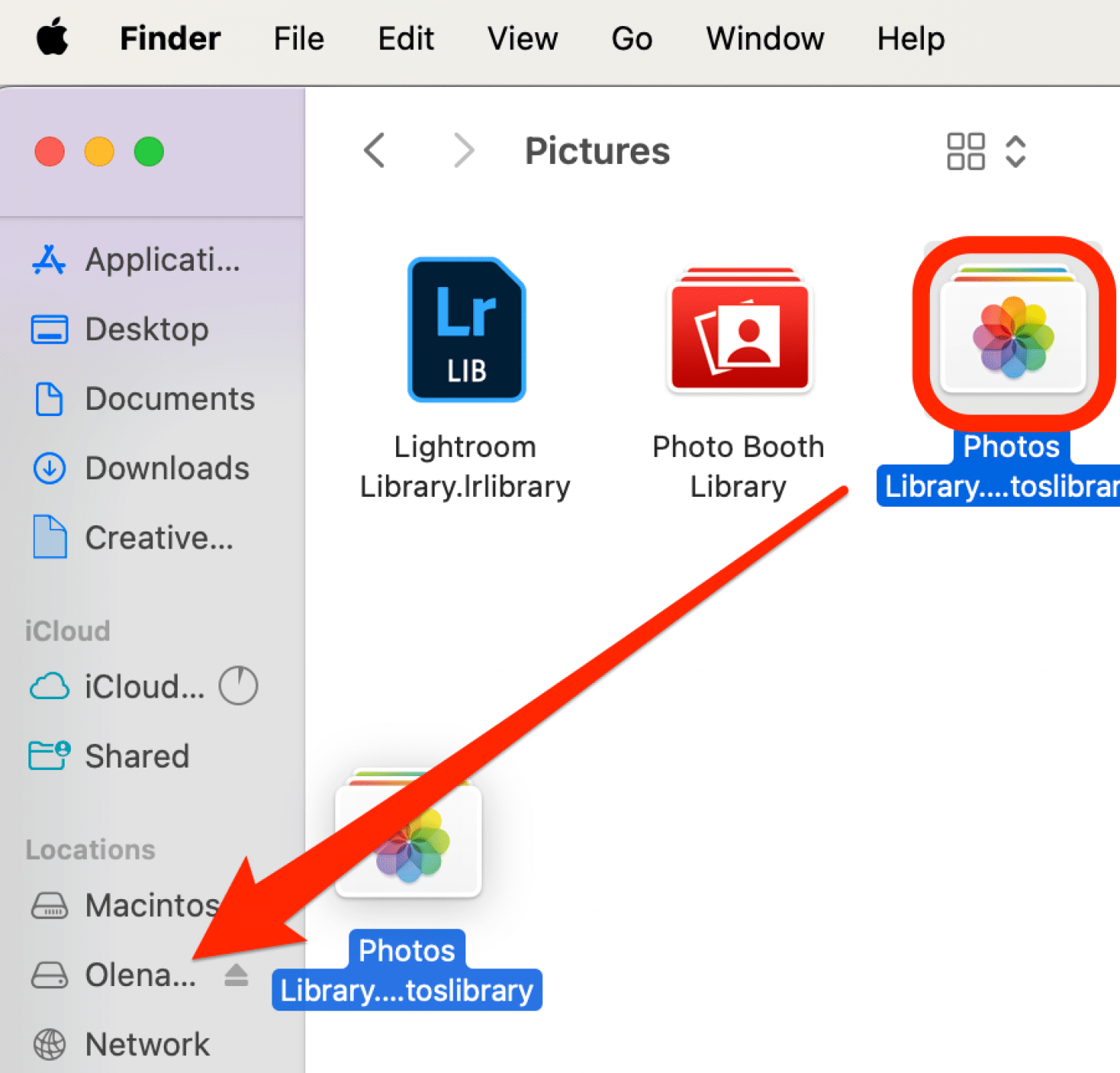 Ziehen Sie die Fotobibliothek per Drag-and-Drop von „Bilder“ auf Ihre externe Festplatte.