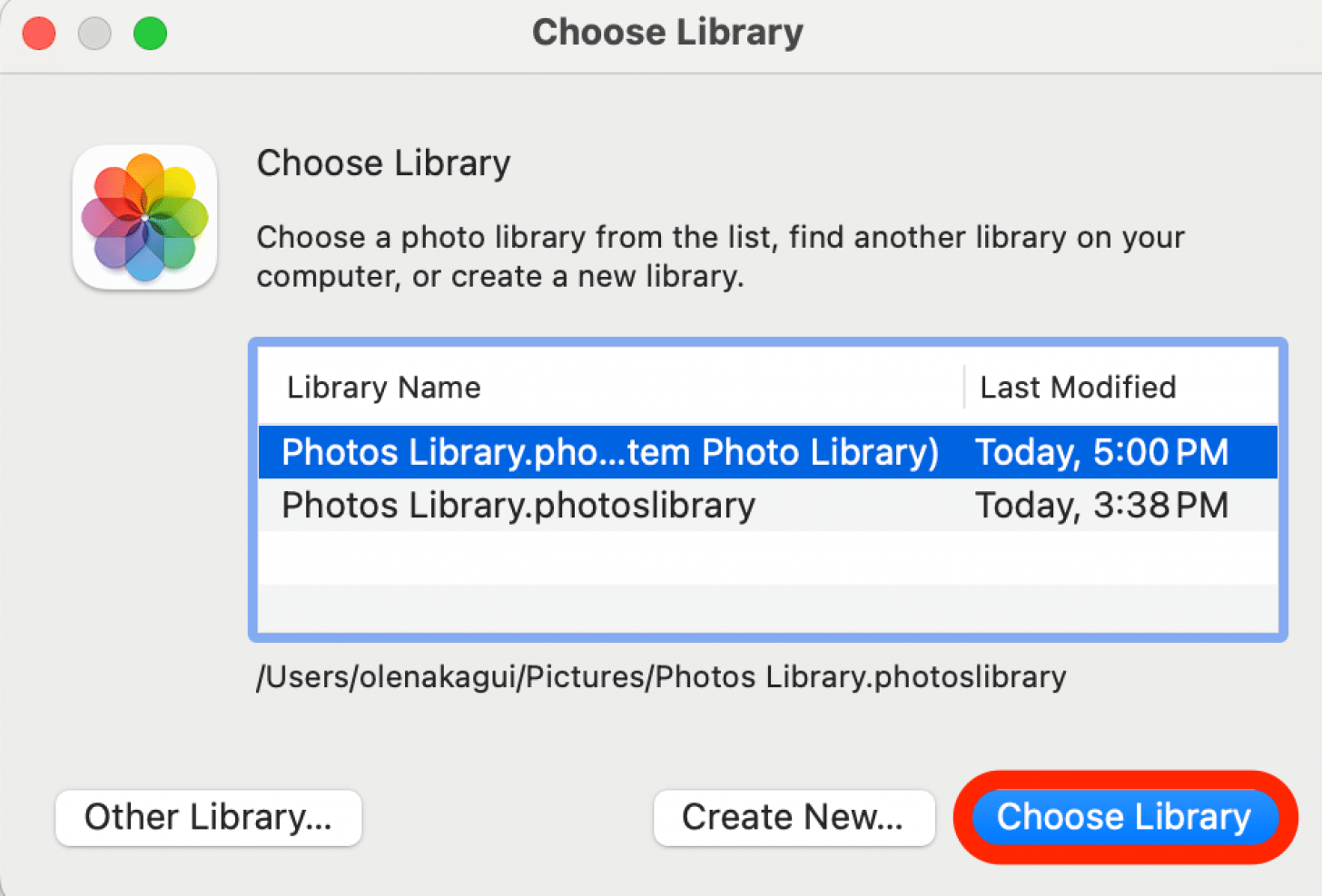 Klicken Sie auf die Fotobibliothek, die Sie übertragen möchten, und dann auf Bibliothek auswählen.  Jetzt können Sie die ausgewählte Bibliothek auf die externe Festplatte verschieben. 
