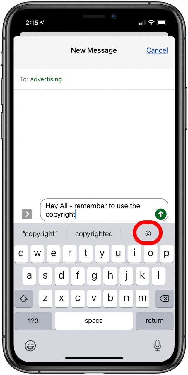 Copyright-Symbol iPhone-Tastatur
