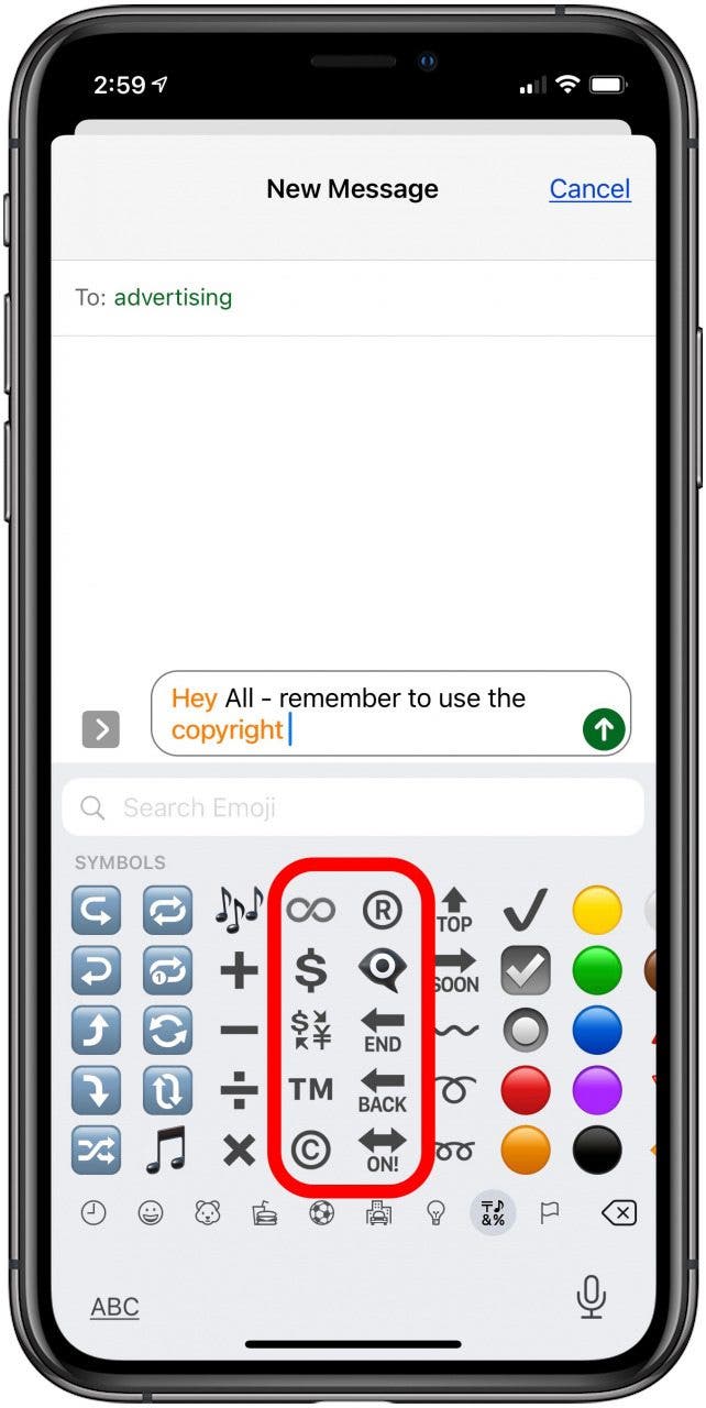 Geben Sie das Copyright-Symbol aus Emoji-Tastatursymbolen ein