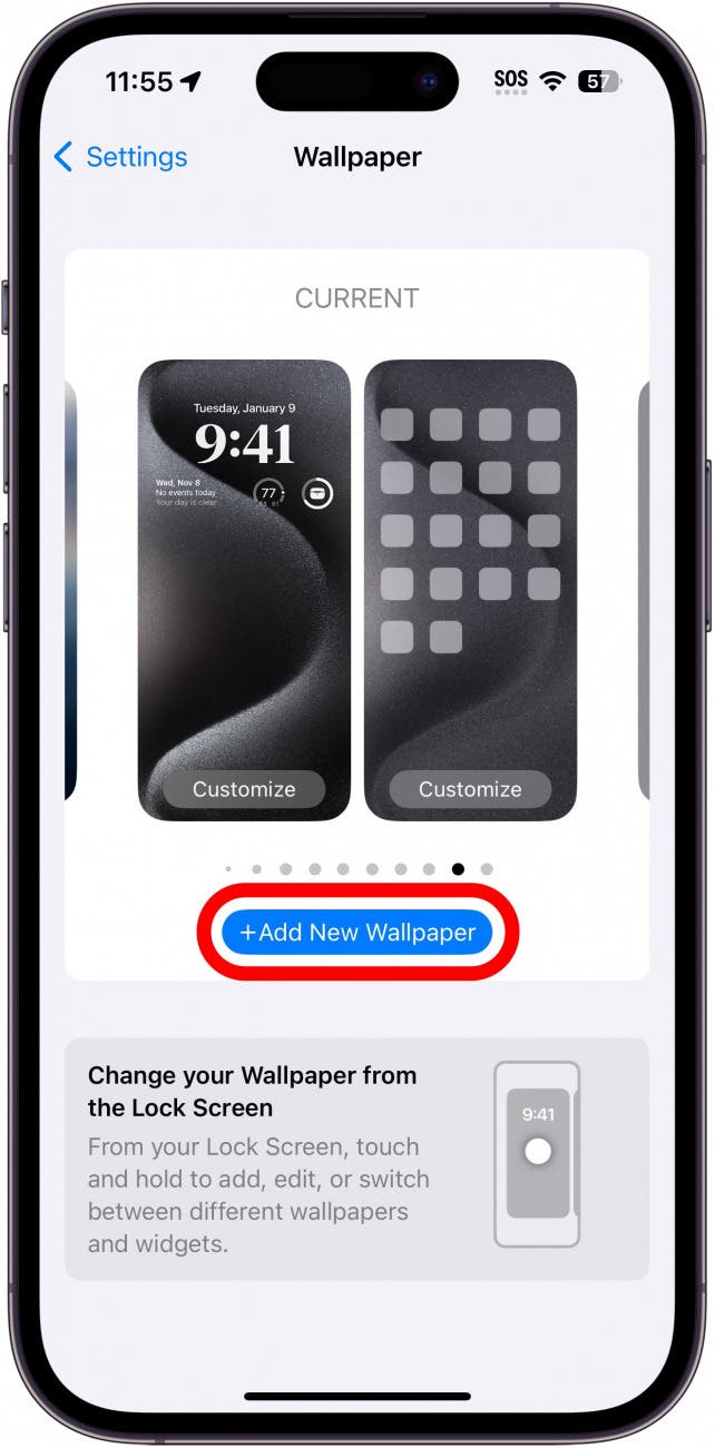 iPhone-Hintergrundeinstellungen mit der rot eingekreisten Schaltfläche „Neues Hintergrundbild hinzufügen“.