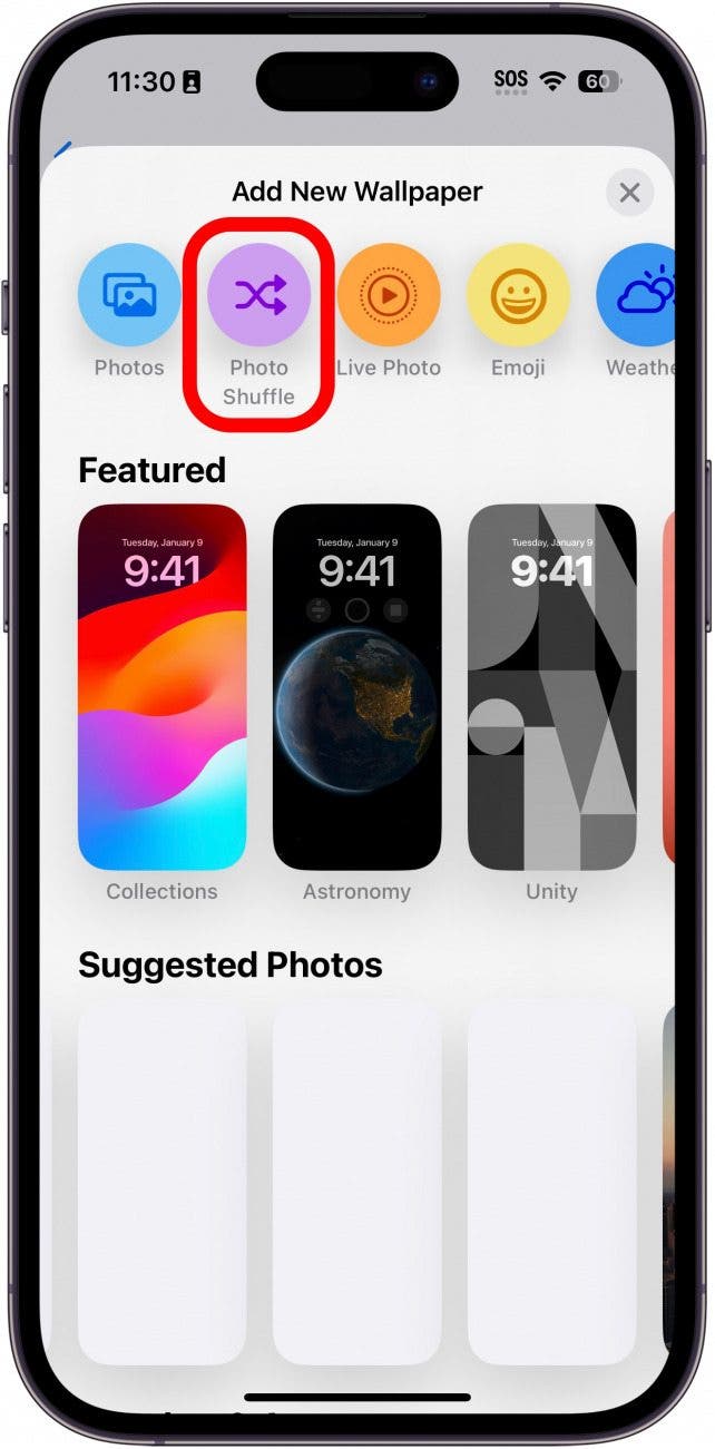 iPhone-Hintergrundeinstellungen mit rot eingekreister Foto-Zufallswiedergabe
