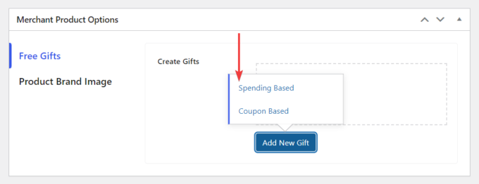 Ein Screenshot des Abschnitts „Händlerproduktoptionen“ auf einer WooCommerce-Produktseite, der die Optionen des Moduls „Gratisgeschenke“ zeigt