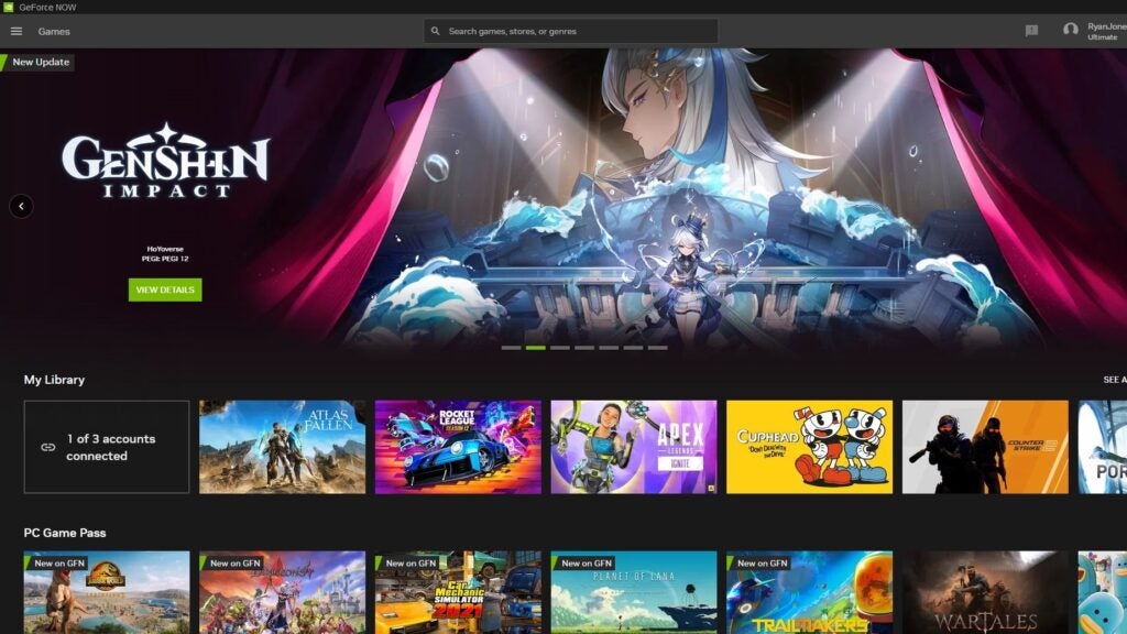 Screenshot der Benutzeroberfläche von Nvidia GeForce Now Ultimate