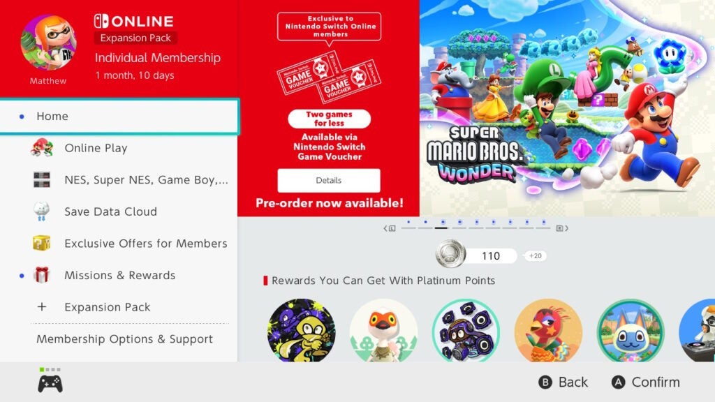UI-Screenshot von Nintendo Switch Online + Erweiterungspaket