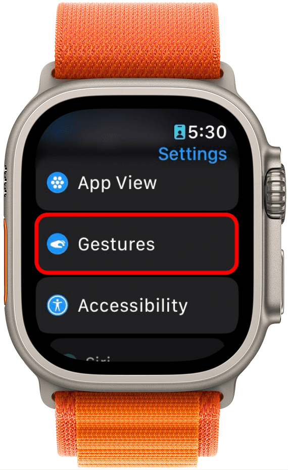 Apple Watch-Einstellungs-App mit rot eingekreisten Gesten