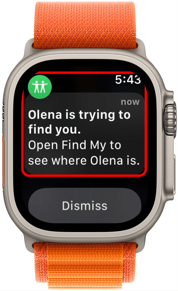 Apple Watch-Benachrichtigung mit der Meldung, dass ein Freund versucht, Sie zu finden