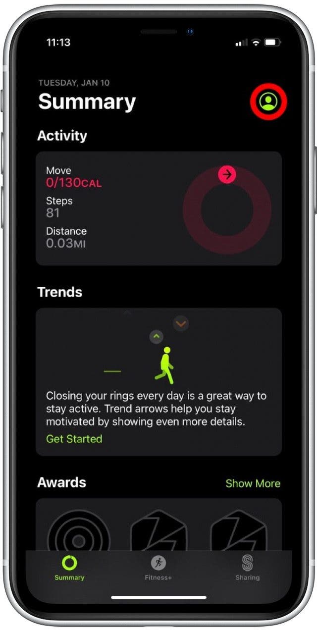 Tippen Sie oben rechts auf Ihr Profilsymbol.  So bearbeiten Sie Fitnessziele auf dem iPhone.