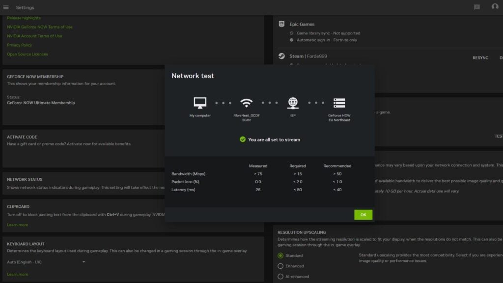 Netzwerktest-Screenshot von Nvidia GeForce Now Ultimate