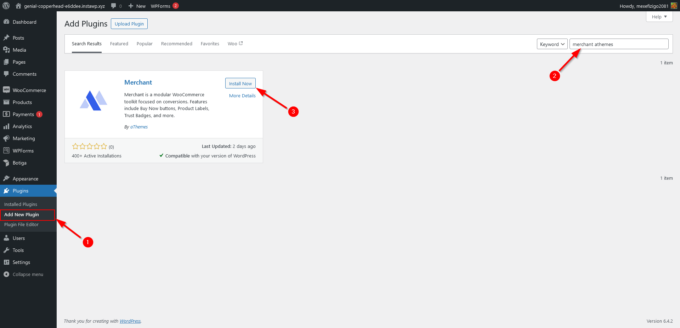 Bildschirm „Plugins hinzufügen“ im WordPress-Administrationsbereich mit der Anzeige „Händler“.