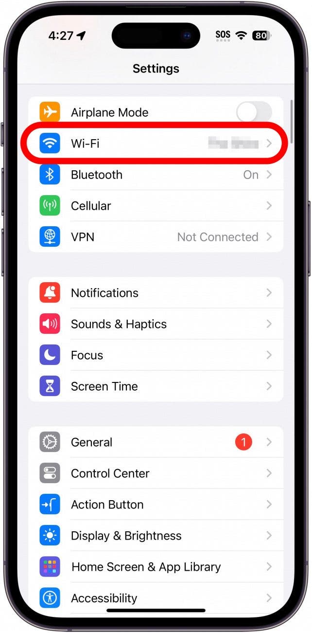 iPhone-Einstellungen mit einem roten Kreis um WLAN