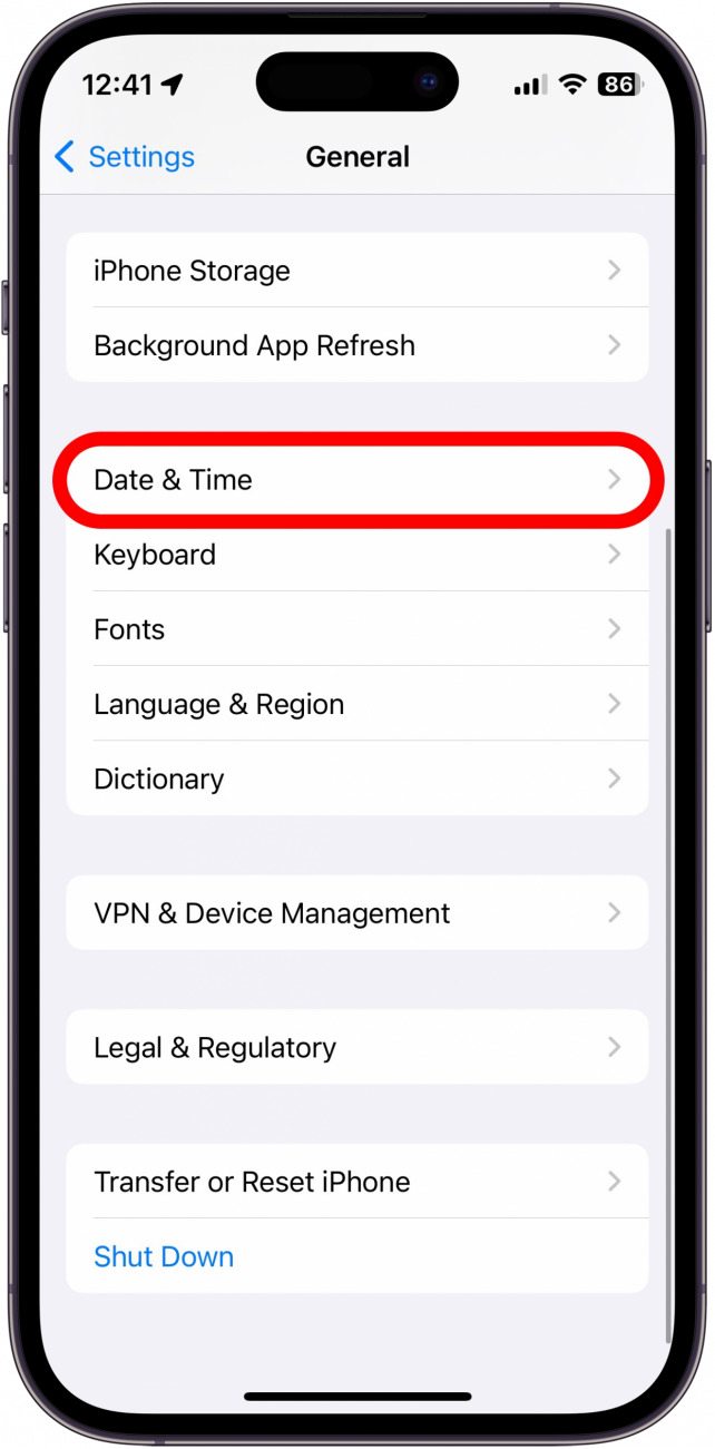 Allgemeine iPhone-Einstellungen mit rot eingekreistem Datum und Uhrzeit