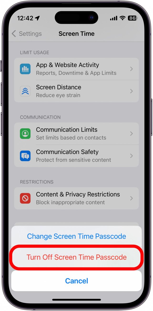 iPhone-Bildschirmzeiteinstellungen mit rot eingekreistem Passwort zum Ausschalten der Bildschirmzeit