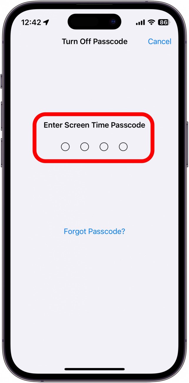 Zeit-Passcode-Bildschirm des iPhone-Bildschirms mit rot eingekreistem Passcode-Eingabefeld