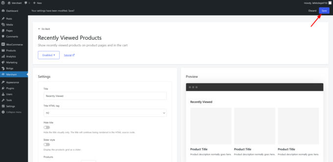 Schaltfläche „Speichern“ auf der Admin-Seite des Moduls „Zuletzt angesehene Produkte“ von Merchant Pro