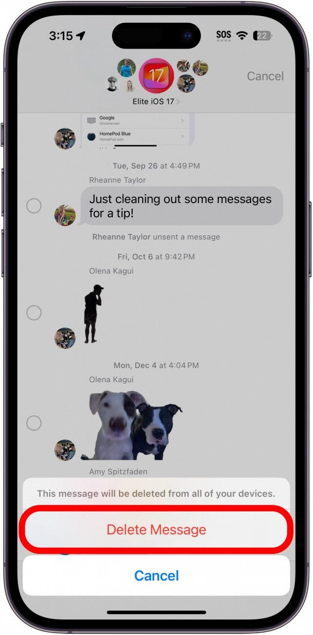 iPhone-Bildnachrichtenkonversation mit einem roten Kreis um die Schaltfläche „Nachricht löschen“.