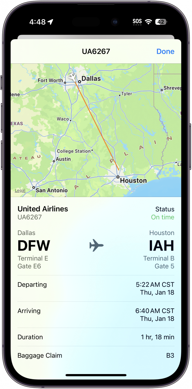 iPhone-Flugdetailsfenster mit Informationen zu einem Flug von Dallas Fort Worth nach Houston