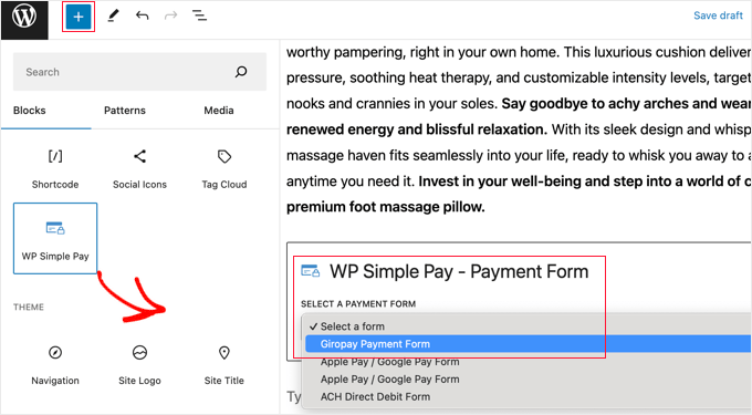 Hinzufügen eines WP Simple Pay-Blocks zu einem vorhandenen Beitrag oder einer vorhandenen Seite