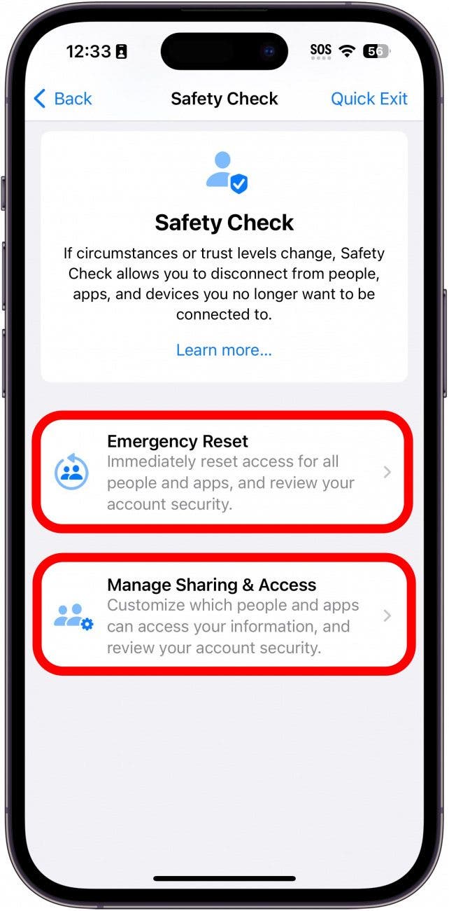 iPhone-Datenschutzeinstellungen mit Sicherheitsüberprüfungsbildschirm und roten Kästchen rund um den Notfall-Reset sowie Freigabe- und Zugriffsschaltflächen verwalten