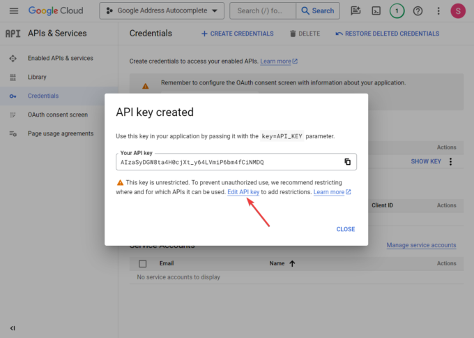 Bearbeiten Sie den Google Cloud API-Schlüssel