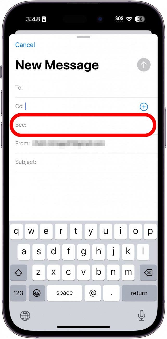 iPhone-Mail-App mit rot eingekreistem BCC-Feld