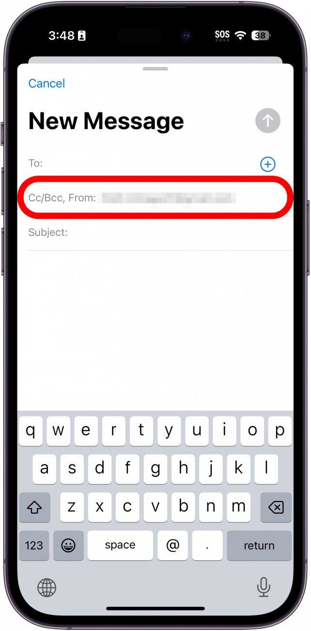 iPhone-Mail-App mit rot eingekreistem Feld „CC/BCC/An“.