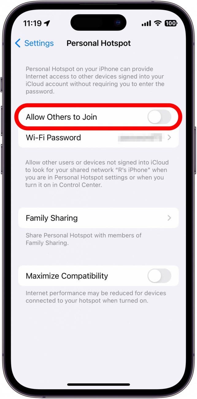 iPhone-Hotspot-Einstellungen mit rot eingekreistem Schalter „Anderen die Teilnahme erlauben“.