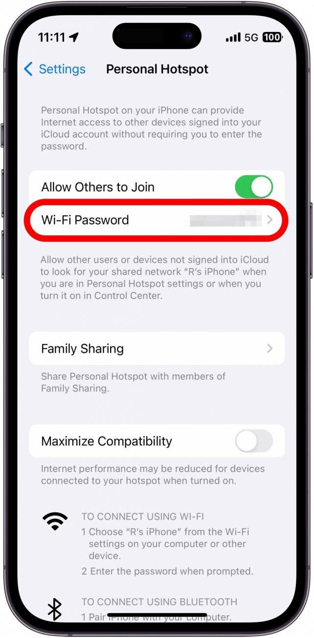 iPhone-Hotspot-Einstellungen mit rot eingekreistem Passwort