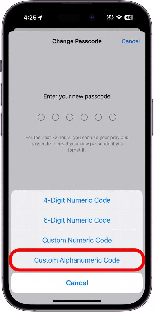 iPhone-Bildschirm zum Ändern des Passcodes mit benutzerdefiniertem alphanumerischem Passcode, rot eingekreist