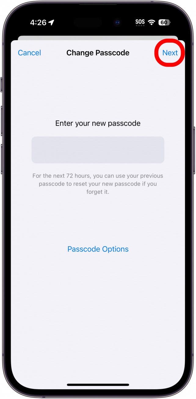 iPhone-Bildschirm zum Ändern des Passcodes mit rot eingekreister Weiter-Taste