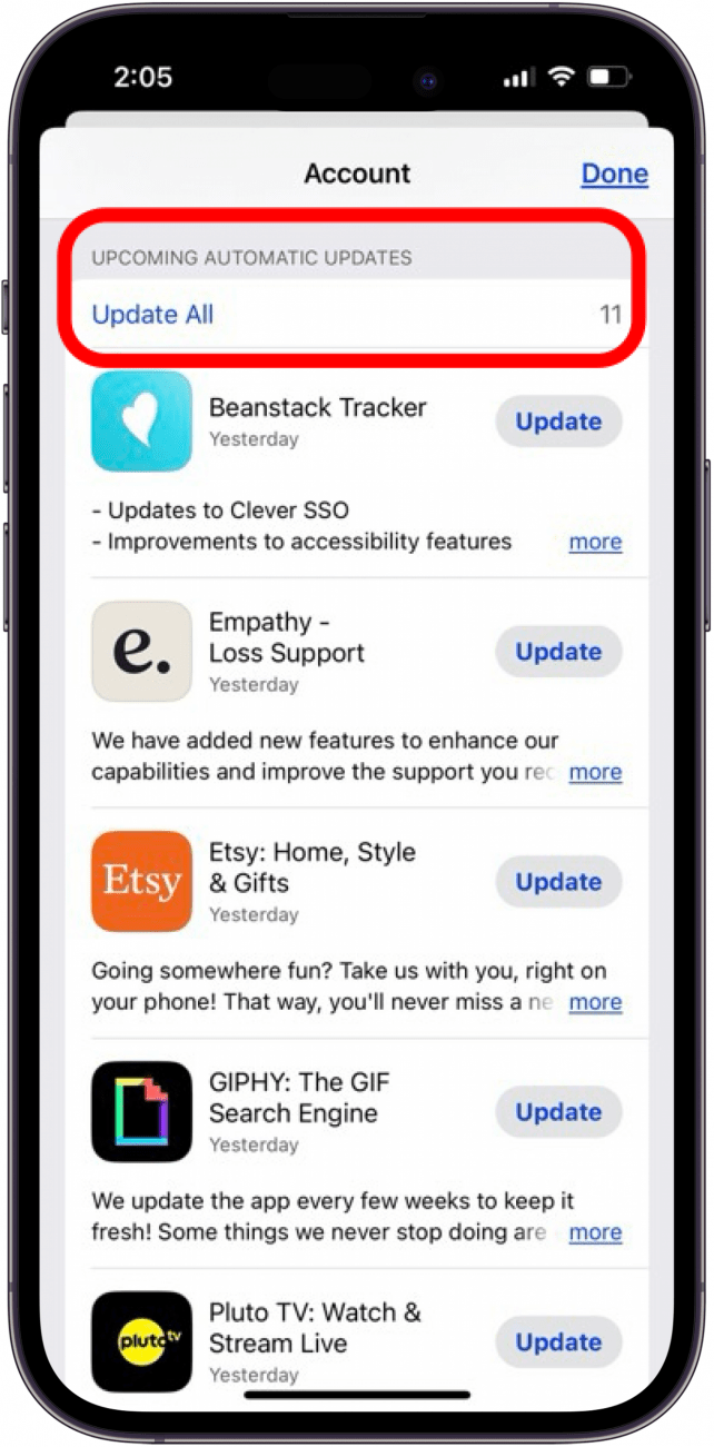 Tippen Sie im App Store auf „Alle aktualisieren“, um Apps zu aktualisieren
