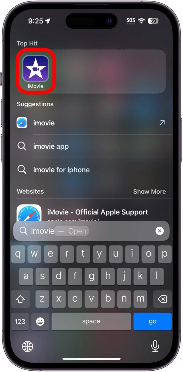 iPhone-Spotlight-Suche mit rot eingekreister Imovie-App