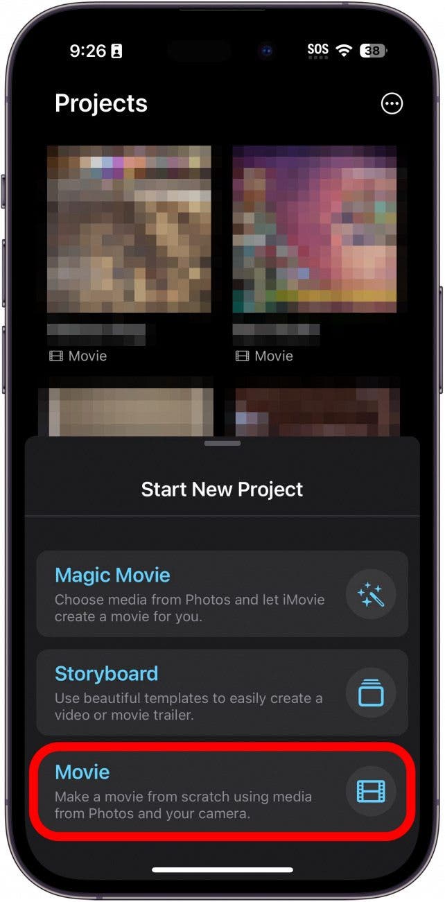 iPhone-Imovie-App mit rot eingekreister Filmoption