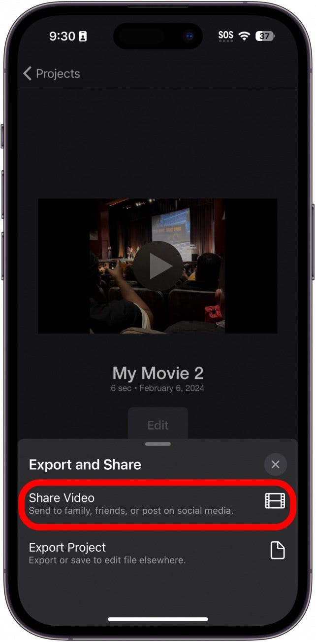 Exportprojektbildschirm der iPhone-Imovie-App mit rot eingekreister Schaltfläche „Video teilen“.