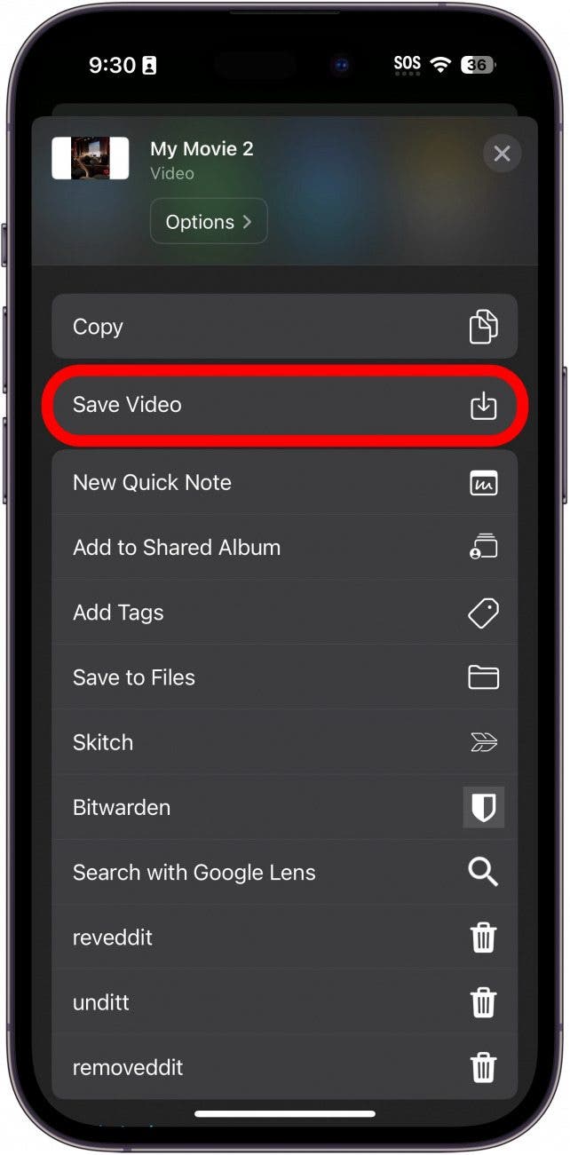 iPhone-Imovie-App-Exportprojektbildschirm mit rot eingekreister Schaltfläche zum Speichern von Videos